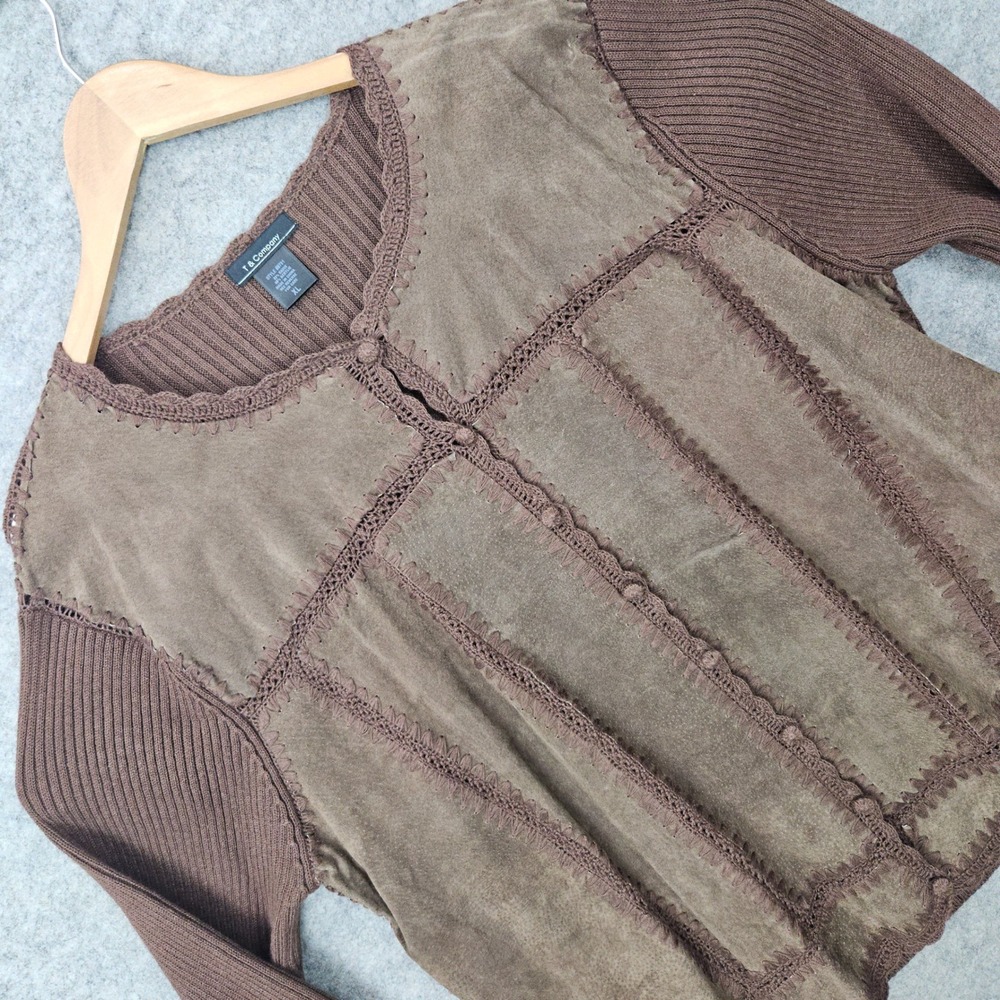 T & Company Cardigan/Jacket Women's XL Brown Suede Knit Panel Crochet Trim Style